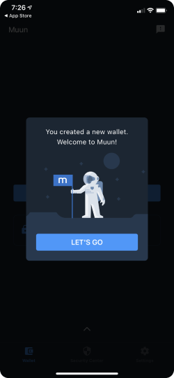 Confirmation screen that a wallet was created