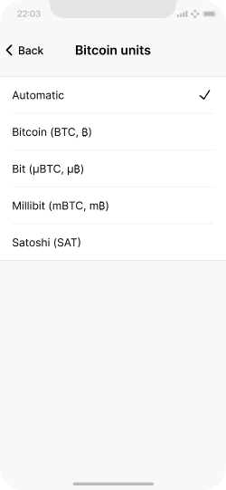 Mobile phone screen showing unit options for the display of bitcoin amounts.