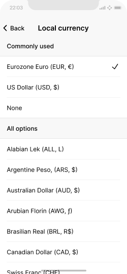 Mobile phone screen showing currency unit options by country.