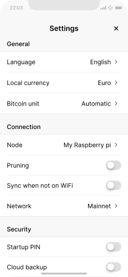 Mobile phone screen showing settings of a bitcoin application