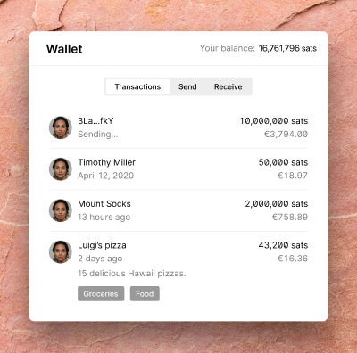 Illustrative interface of a wallet application