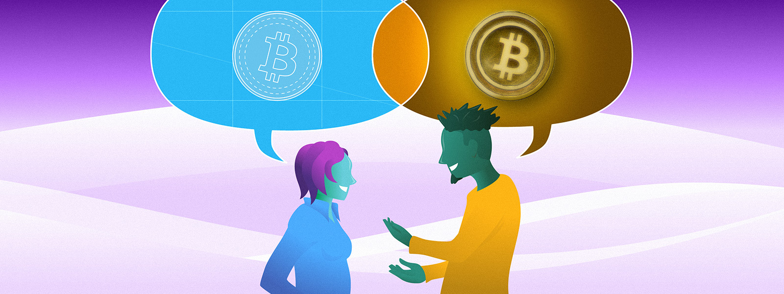 Illustration of two people having a conversation, each of them having a speech bubble with a different stylized version of the bitcoin ₿
