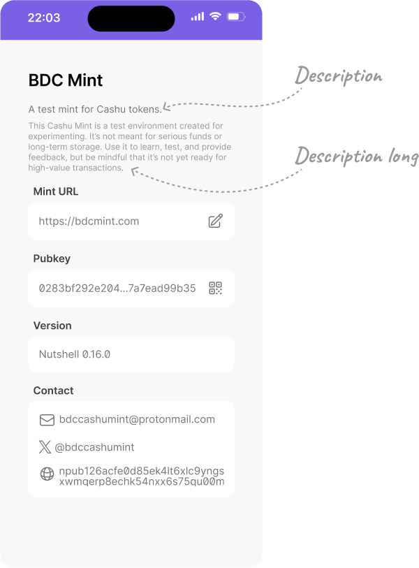 Mint descriptions display in a wallet interface