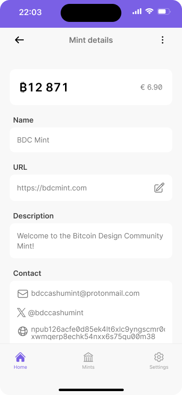 Cashu Mint metadata fields displayed in a wallet interface.