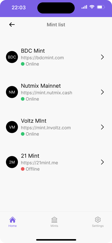 List of Cashu mints with mint addresses displayed.