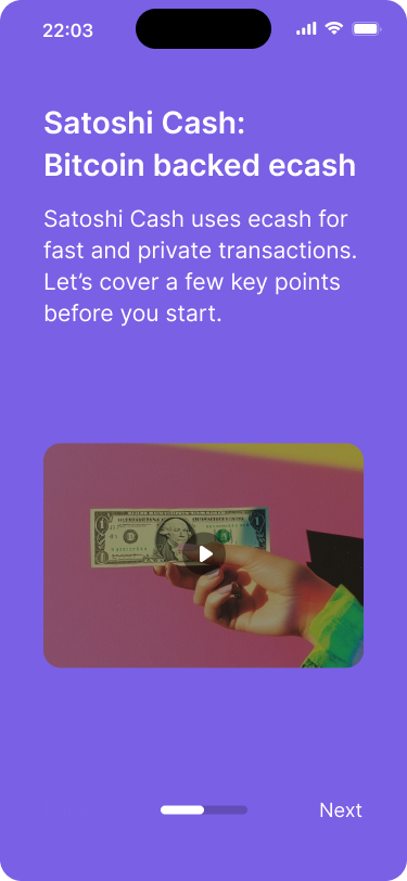 Onboarding screen introducing ‘Satoshi Cash,’ a fictional bitcoin-backed ecash wallet. The screen highlights that the wallet offers fast and private transactions and features a video thumbnail with an explainer video.