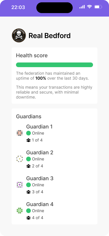 Status screen for the Real Bedford federation, showing a health score with 100% uptime over the last 30 days.