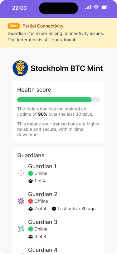 Status screen for Stockholm BTC Mint showing an alert for partial connectivity due to Guardian 2 experiencing issues.