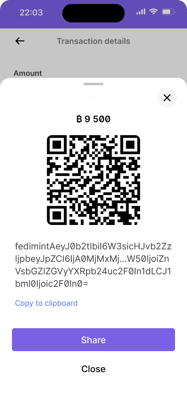 A QR code for a pending payment with the token string available to copy to clipboard.