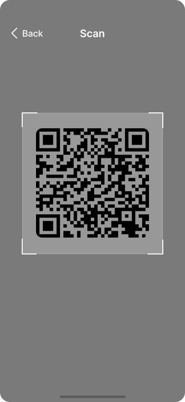 A mobile wallet interface showing a camera scanning a QR code.