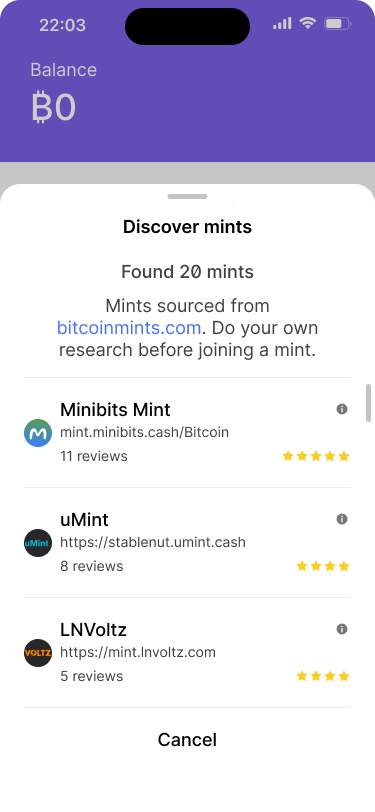 Discover mints screen displaying a list of available mints for the bitcoin-backed ecash wallet. Each mint has its name, URL, number of reviews, and star rating. A note above the list advises users to “Do your own research before joining a mint.”