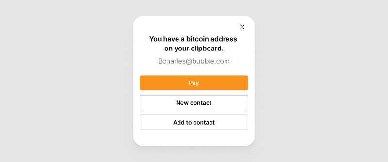 A modal notifying the user of a bitcoin address on their clipboard and offering appropriate options