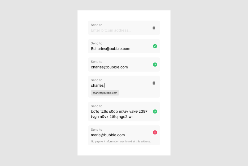 Several states of an address input field showing how a user might enter bitcoin addresses