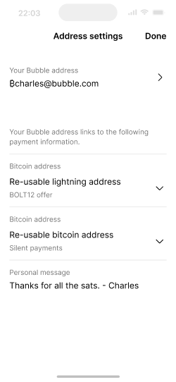 Address settings screen showing a Bubble email address 'Bcharles@bubble.com', a default Bitcoin lightning address, a long backup Bitcoin address starting with 'sp1q', and a personal message saying 'Thanks for all the sats. - Charles'