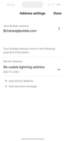 Address settings screen showing a Bubble email address 'Bcharles@bubble.com', with empty fields for backup Bitcoin address and personal message. The primary Bitcoin address shows 'Default' with a dropdown menu.