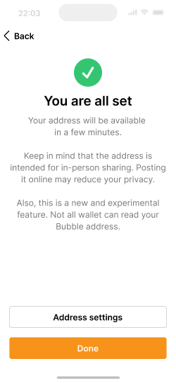 Success screen with a green checkmark saying 'You are all set' with a message explaining the address will be available in a few minutes. Contains a privacy warning about not posting the address online and notes this is an experimental feature.