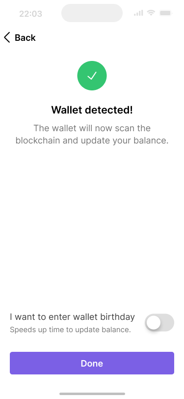 Application screen with a toggle to opt into and enter a wallet birthday