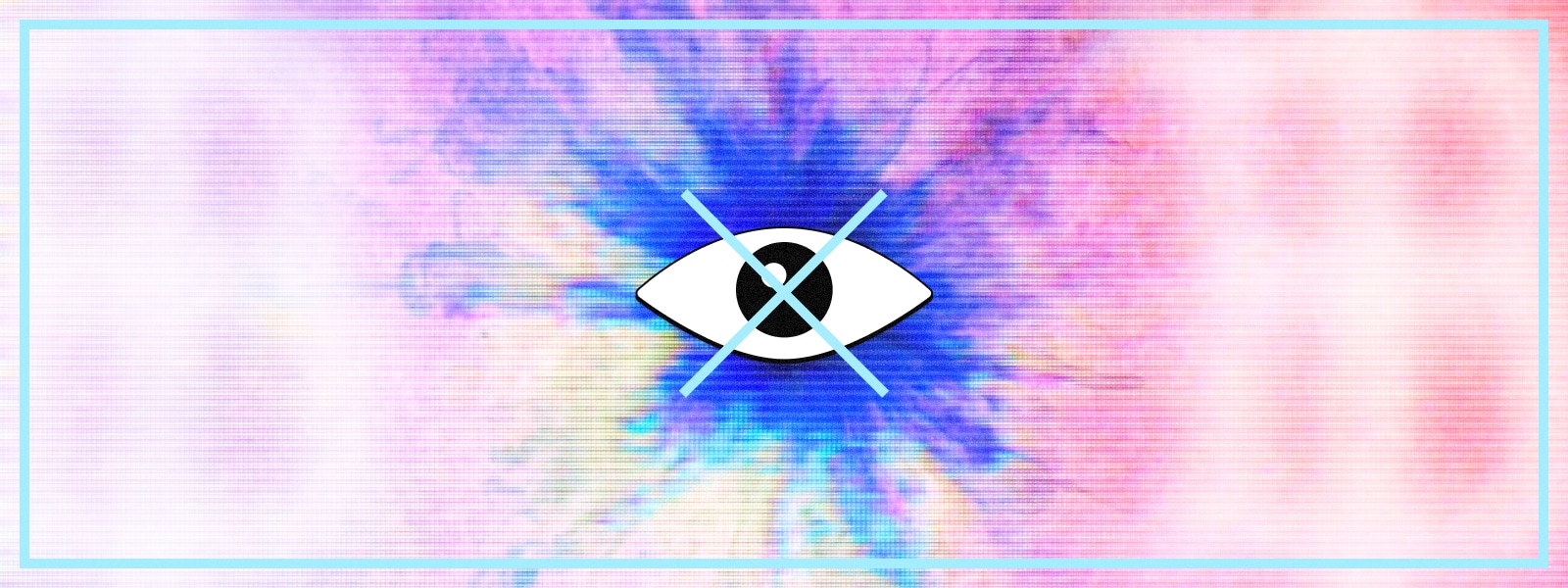 Illustration of an eye, with a cross on top of an ink blot background