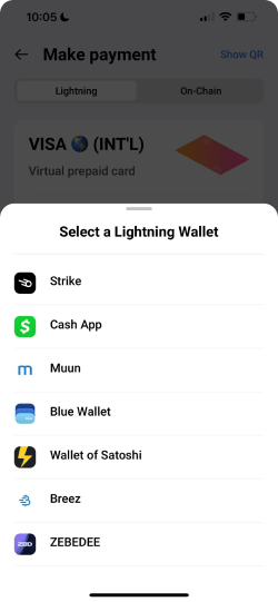A lightning payment screen with an overal for selecting a lightnig wallet from a list.