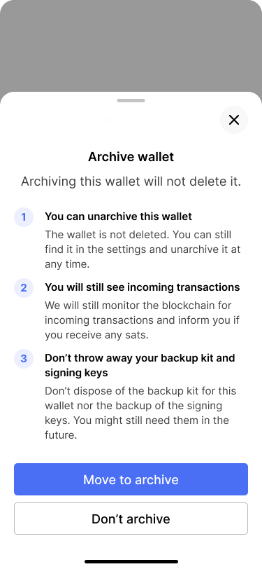 Screen showing an information dialog that explains how archiving a wallet works.