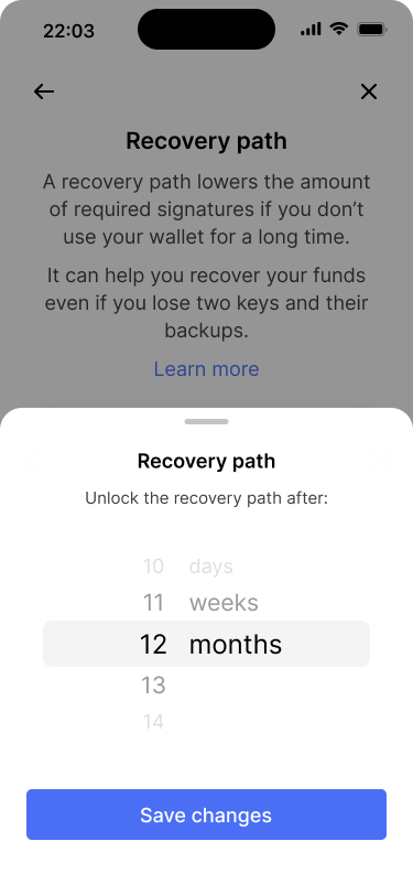 Screen showing a dialog that lets users edit the unlock delay for the recovery path. It is set to 12 months.