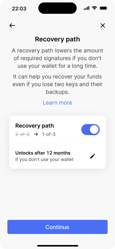 Screen showing an enabled recovery path.