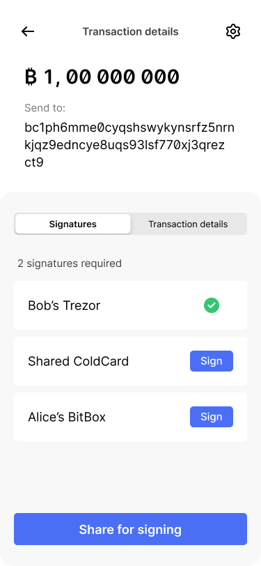 Screen showing the transaction details. It shows that one of three keys has signed the transaction.