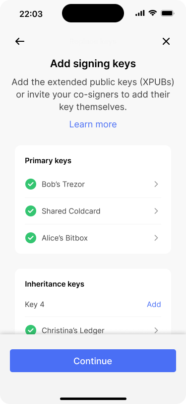 Screen showing a list of five signing keys and one empty slot.