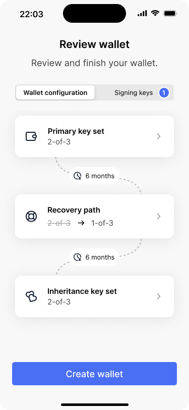 Screen showing the new wallet configuration with an option to view the signing keys.