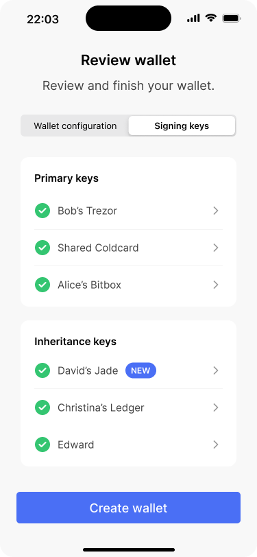 Screen showing the list of signing keys. The newly added key is highlighted.