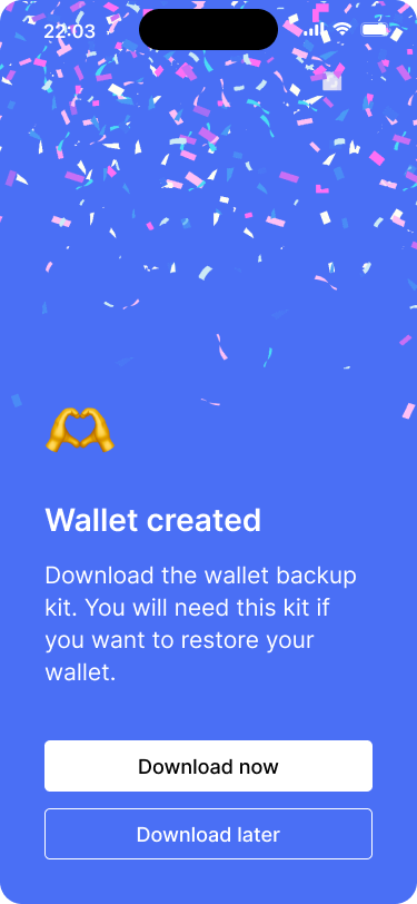 Success screen showing the option to download the wallet backup kit.