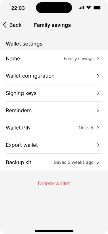 Screen showing the settings and options for the family savings wallet.