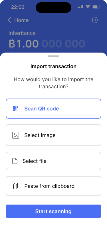 Screen showing different options for how to import a transaction.