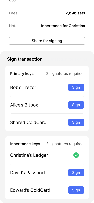 Screen showing the transaction details. It shows that one of the inheritance keys has already signed the transaction.