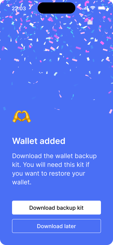 Screen showing a success message and the option to download a wallet backup kit.