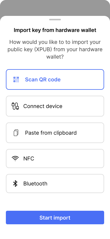 Screen showing different options to import the extended public key from a hardware wallet.