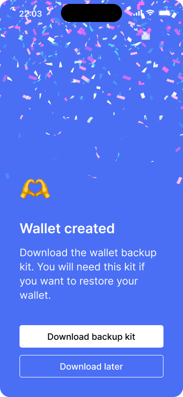 Screen showing a success message and the option to download a wallet backup kit.