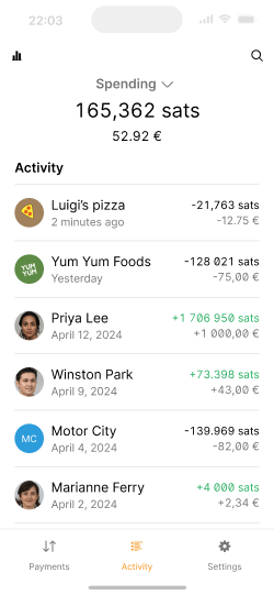 Activity screen with indicator for the current wallet