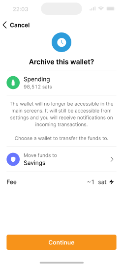 Screen for confirming archival of a wallet
