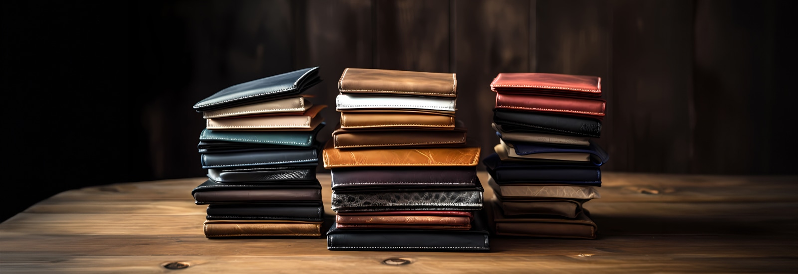 Several stacks of leather wallets on a wooden table