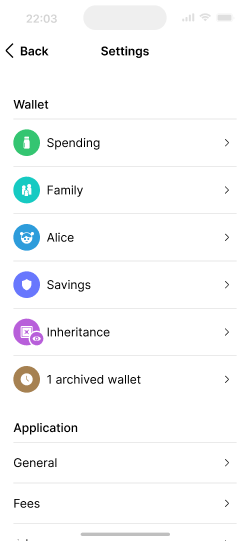 A settings screen with a list of wallets at the top