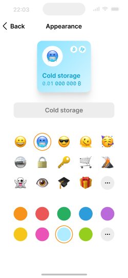 Screen for choosing name, color and emoji for a wallet