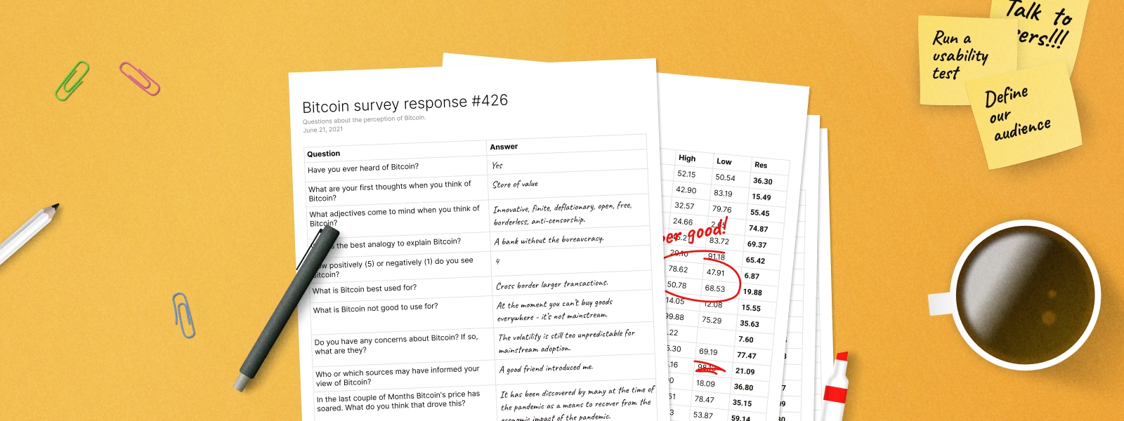 Printed bitcoin survey results on a desk