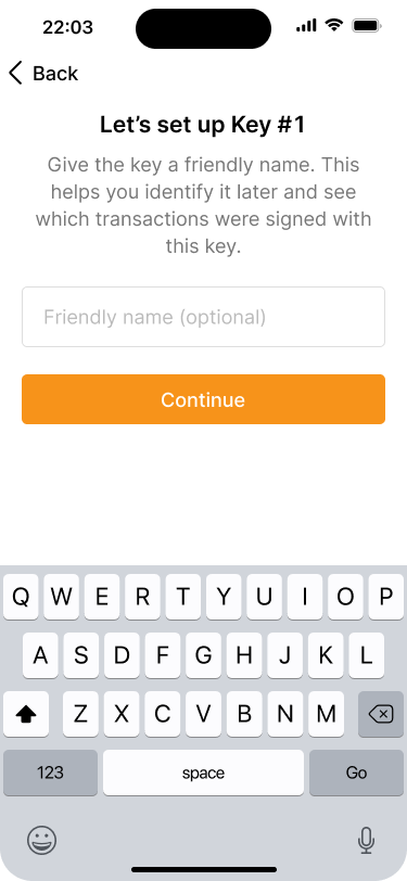 Screen that let's users enter a friendly name for a signing key.