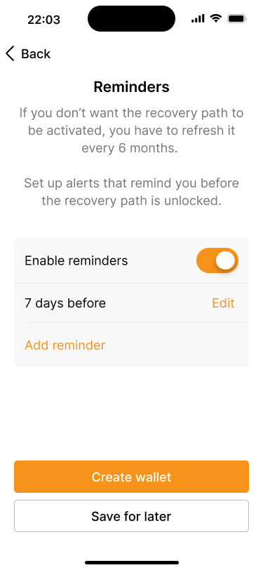 Screen that let's users set up reminders for their recovery path.
