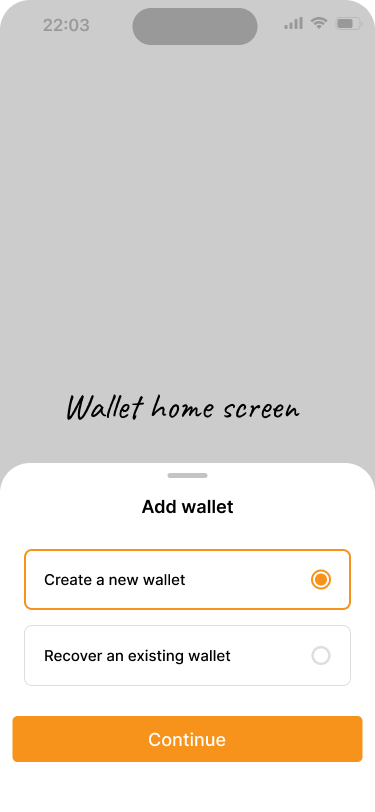 Screen for choosing whether to create a new wallet or import an existing one. Create new wallet is the selected option.