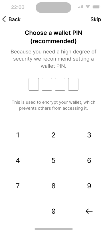 Screen that lets users chose a wallet PIN.