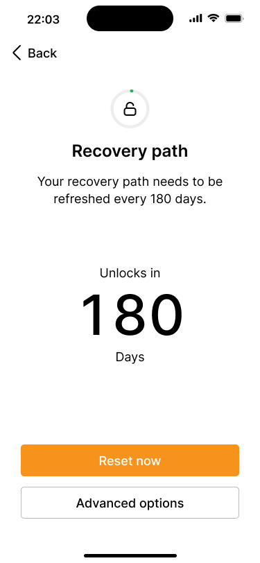 The recovery path overview screen now showing that the countdown timer has been reset. The recovery path will now unlock in 180 days.