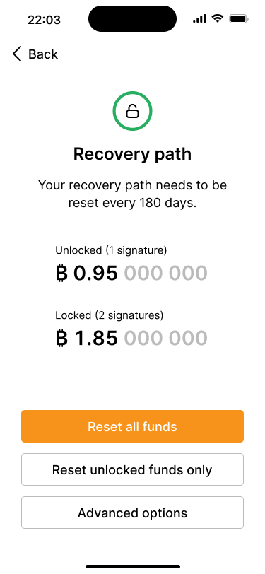 Recovery path detail screen. It shows that some funds have been unlocked and can spent with just one signature, while the rest is still locked and requires two signatures to spend.