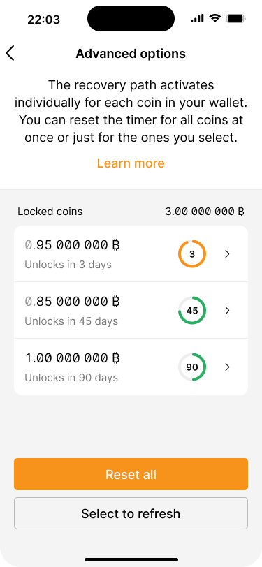 Advanced option screen showing all three UTXOs (coins) in the wallet, with their respective countdown timers.